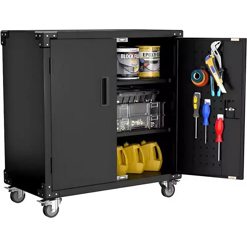 COZONY Metal Storage Cabinet with Wheels Locking Tool Cabinet Adjustable Shelves Garage Office Black