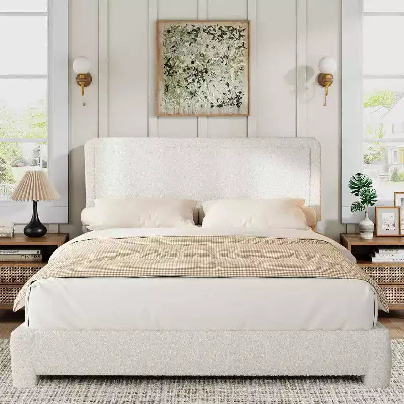 Dyonery Boucle Bed Frame,Upholstered Teddy Fabric Bed Frame, Soft Rounded Corners, Adjustable Headboard, Easy Assembly
