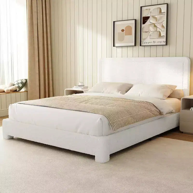Struttura letto imbottita Boucle, tessuto Teddy con angoli morbidi e arrotondati, testiera regolabile, facile montaggio