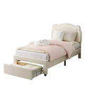 Twin Size Upholstered Bed Frame with Drawer Storage, Lights, Velvet Platform Bed with Height-Adjustable Bear Headboard, Noise-Free