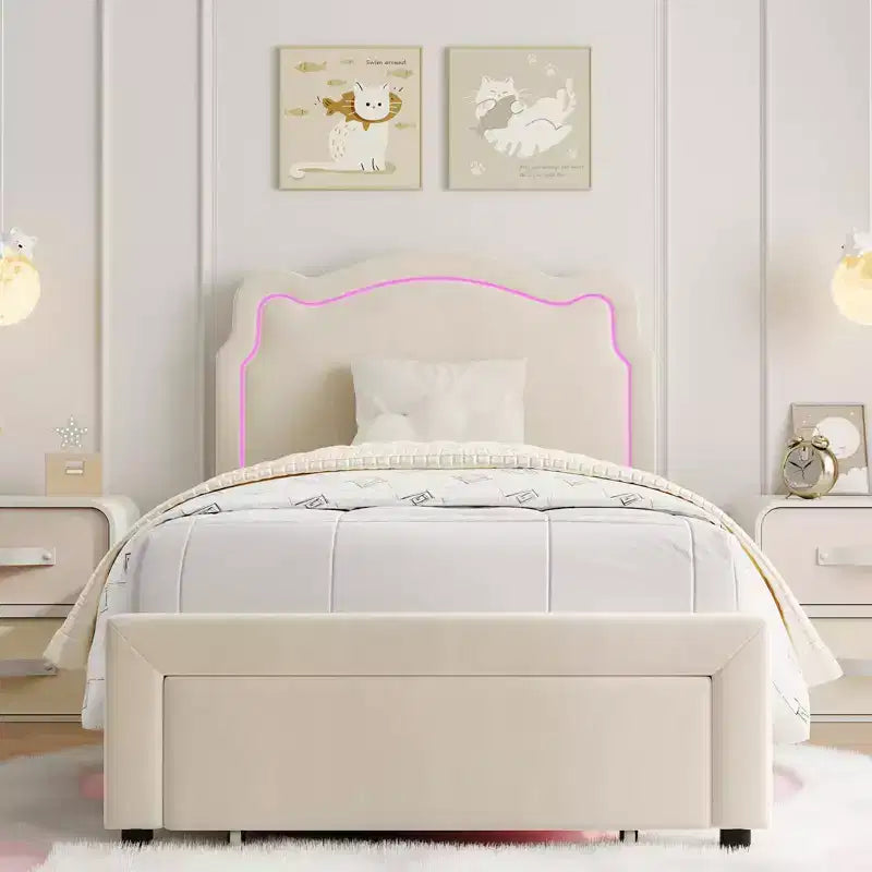Struttura Letto Singolo Imbottita con Cassetti, Luci, Letto a Piattaforma in Velluto con Testiera a Orsetto Regolabile in Altezza, Senza Rumore