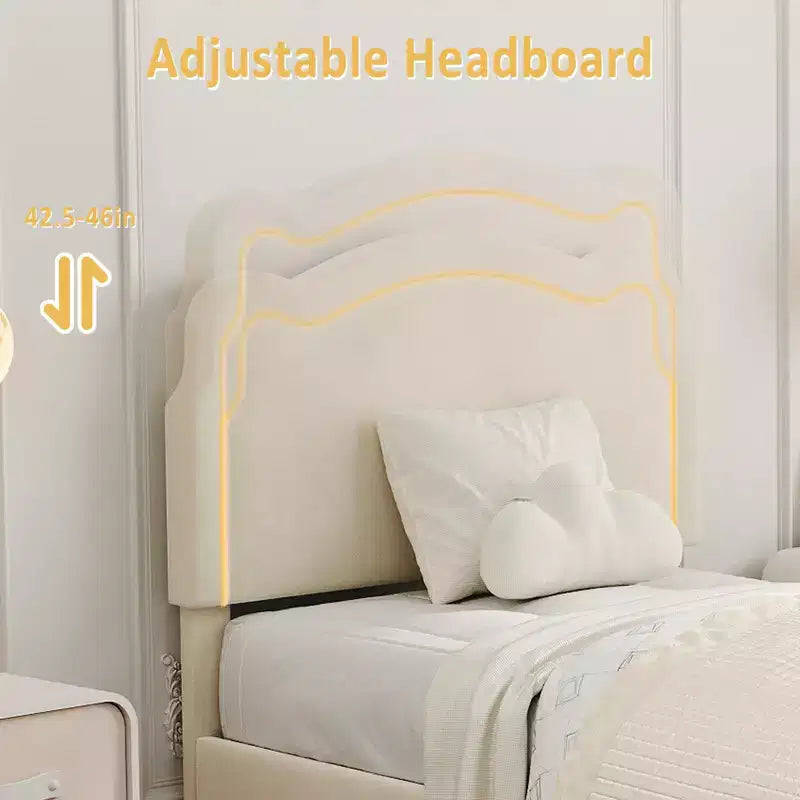 Struttura Letto Singolo Imbottita con Cassetti, Luci, Letto a Piattaforma in Velluto con Testiera a Orsetto Regolabile in Altezza, Senza Rumore