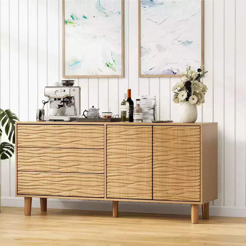 61 Mid Century Sideboard Buffet Cabinet,Farmhouse Pantry Cabinet Storage Cabinet with 3 Drawers, 2 Push-to-Open Doors for Dining Room