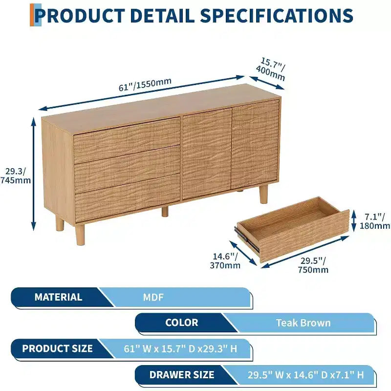 61 Mobile buffet credenza in stile metà secolo, mobile dispensa da fattoria con 3 cassetti, 2 ante a pressione per sala da pranzo