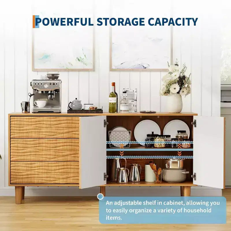 61 Mobile buffet credenza in stile metà secolo, mobile dispensa da fattoria con 3 cassetti, 2 ante a pressione per sala da pranzo