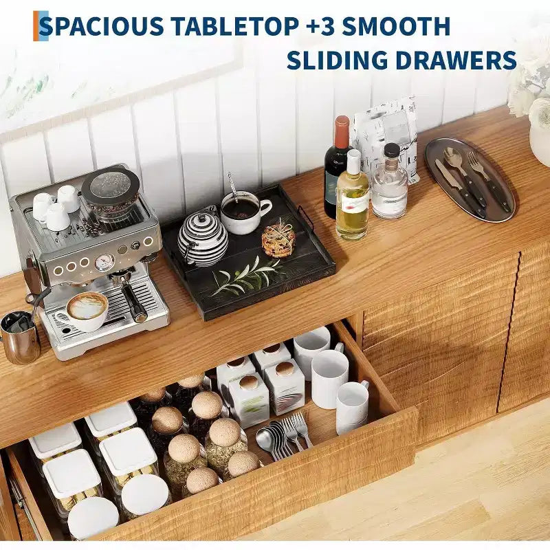 61 Mobile buffet credenza in stile metà secolo, mobile dispensa da fattoria con 3 cassetti, 2 ante a pressione per sala da pranzo