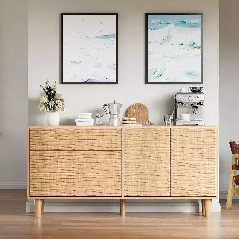 61 Mobile buffet credenza in stile metà secolo, mobile dispensa da fattoria con 3 cassetti, 2 ante a pressione per sala da pranzo