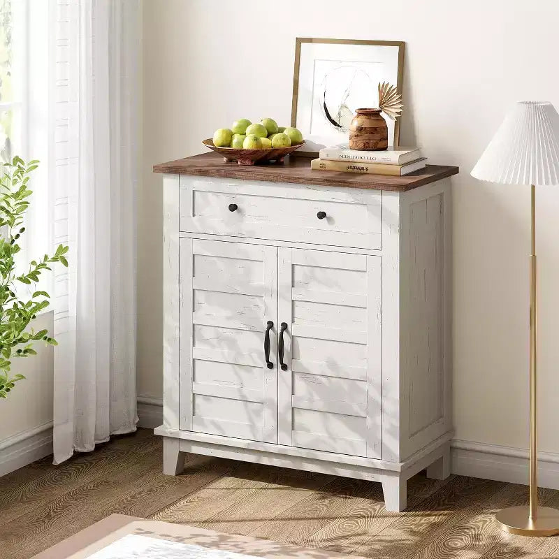 Mobiletto contenitore rustico con ripiani regolabili, organizer stile fattoria con ante a persiana per cucina e ingresso