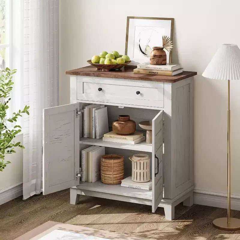 Mobiletto contenitore rustico con ripiani regolabili, organizer stile fattoria con ante a persiana per cucina e ingresso