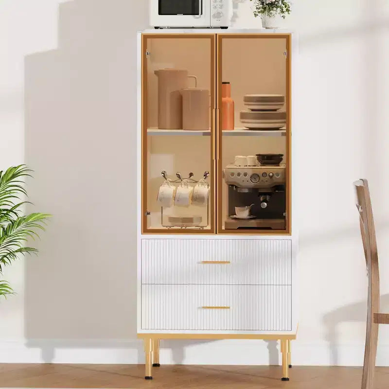 Vetrinetta scanalata con anta in vetro, mobile contenitore moderno con 2 cassetti per soggiorno e ufficio