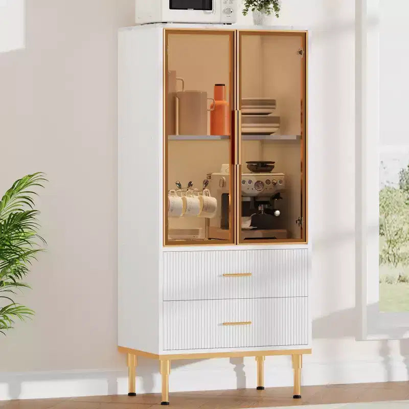 Vetrinetta scanalata con anta in vetro, mobile contenitore moderno con 2 cassetti per soggiorno e ufficio