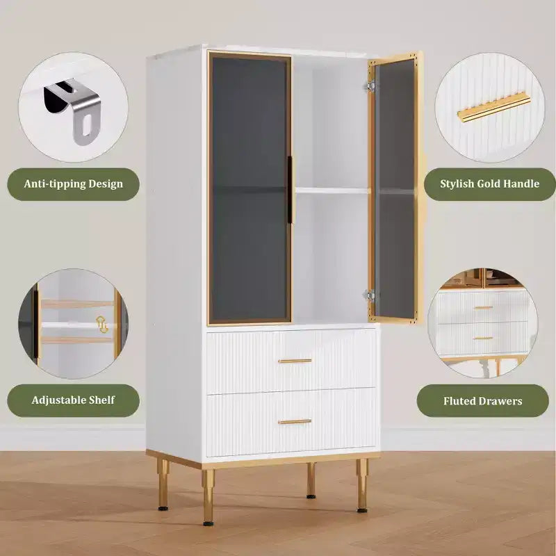 Vetrinetta scanalata con anta in vetro, mobile contenitore moderno con 2 cassetti per soggiorno e ufficio