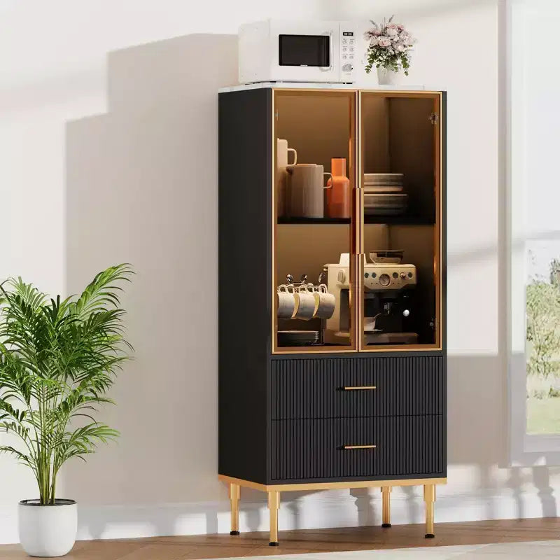 Vetrinetta scanalata con anta in vetro, mobile contenitore moderno con 2 cassetti per soggiorno e ufficio