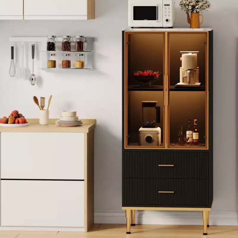 Vetrinetta scanalata con anta in vetro, mobile contenitore moderno con 2 cassetti per soggiorno e ufficio