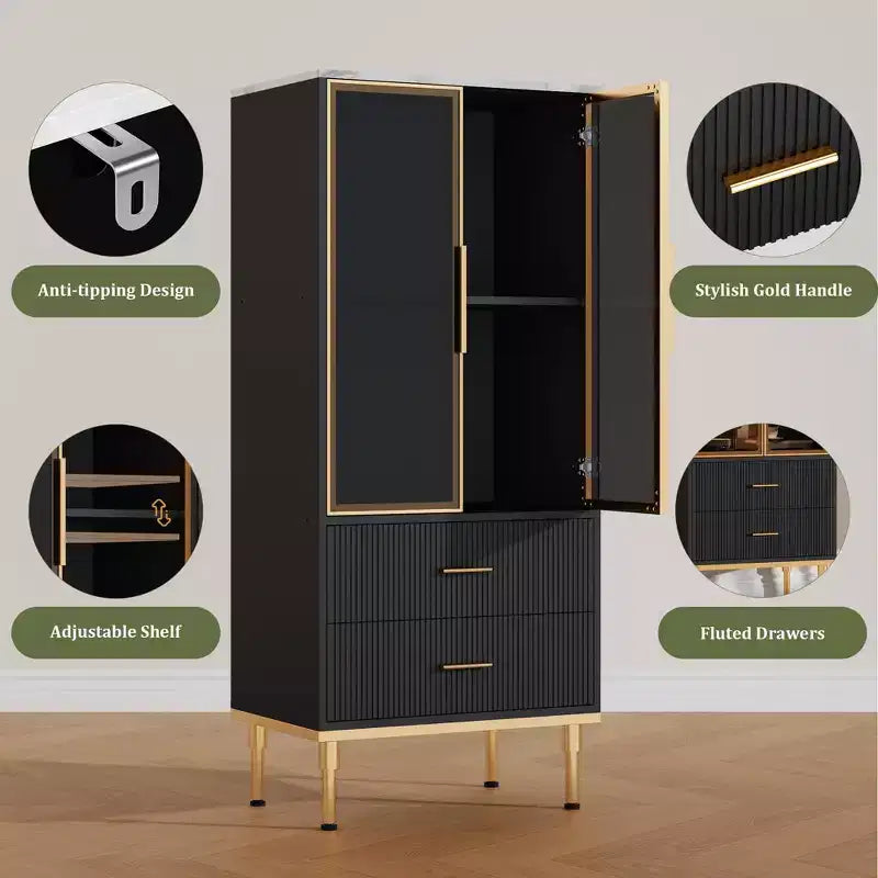Vetrinetta scanalata con anta in vetro, mobile contenitore moderno con 2 cassetti per soggiorno e ufficio