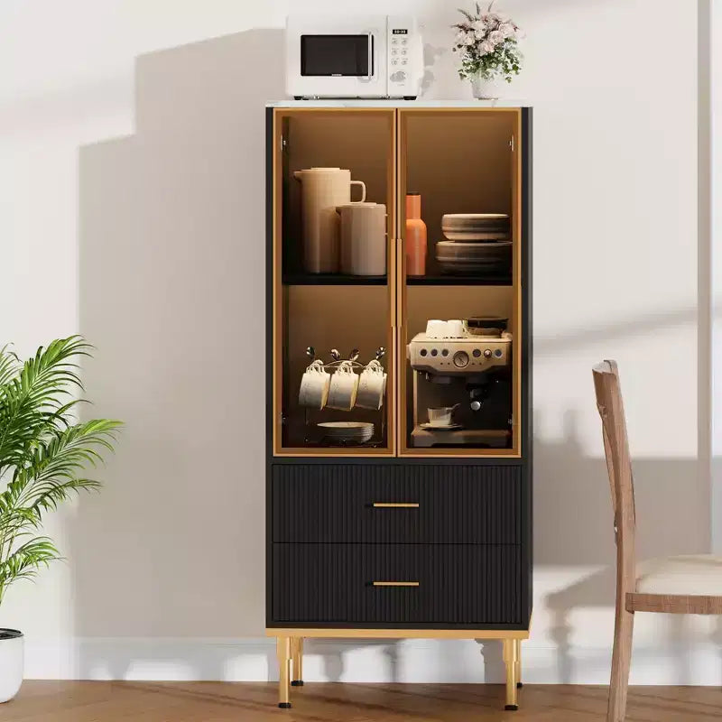 Fluted Display Cabinet with Glass Door, Modern Storage Cabinet with 2 Drawers for Living Room and Office