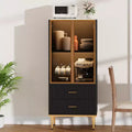 Fluted Display Cabinet with Glass Door, Modern Storage Cabinet with 2 Drawers for Living Room and Office