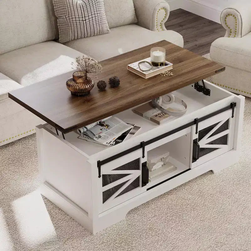 Coffee Table Lift Top with Storage, 47.2 Farmhouse Style with Sliding Barn Door & Hidden Compartment, 150LBS Capacity for Living Room Office