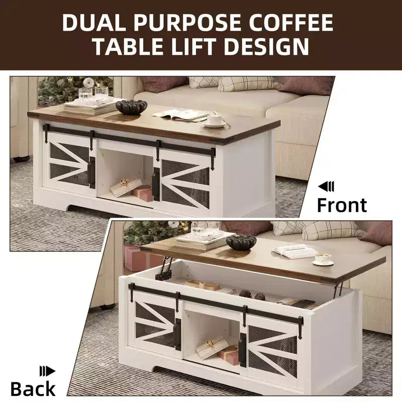 Tavolino da caffè con piano sollevabile e contenitore, stile rustico 47,2 pollici con anta scorrevole a granaio e scomparto nascosto, capacità 150 libbre per soggiorno e ufficio