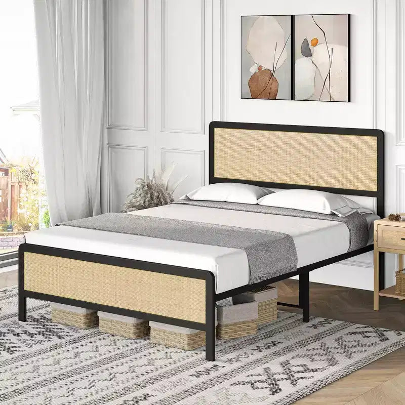 Full Size Metal Platform Bed Frame with Wooden Headboard and Footboard, Mattress Foundation, No Box Spring Needed, Non-Slip Without Noise