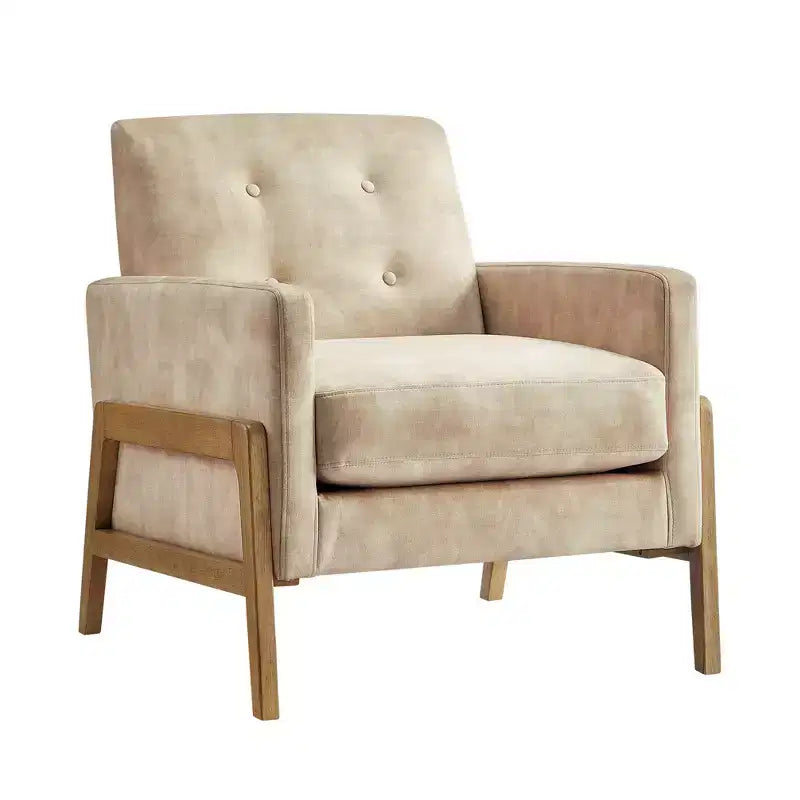 Poltrona moderna ed elegante con schienale trapuntato, rivestita in tessuto e con struttura in legno massello, ideale per il relax e la lettura in salotto