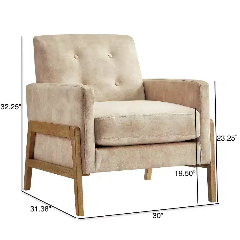 Poltrona moderna ed elegante con schienale trapuntato, rivestita in tessuto e con struttura in legno massello, ideale per il relax e la lettura in salotto
