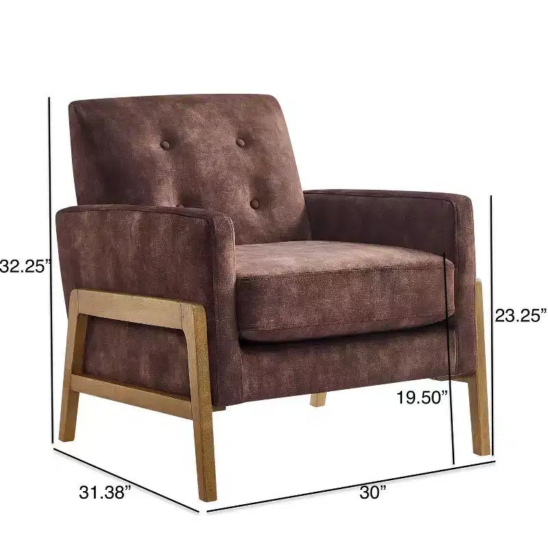 Poltrona moderna ed elegante con schienale trapuntato, rivestita in tessuto e con struttura in legno massello, ideale per il relax e la lettura in salotto