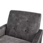 Poltrona moderna ed elegante con schienale trapuntato, rivestita in tessuto e con struttura in legno massello, ideale per il relax e la lettura in salotto
