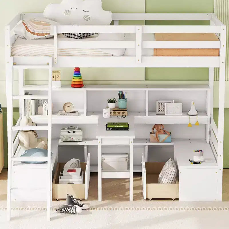 Letto a soppalco da 79,53" (misura Twin) con scrivania, mensole, sedute e cassetti per camera da letto, camera dei bambini