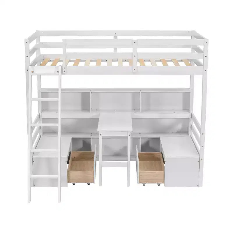 Letto a soppalco da 79,53" (misura Twin) con scrivania, mensole, sedute e cassetti per camera da letto, camera dei bambini