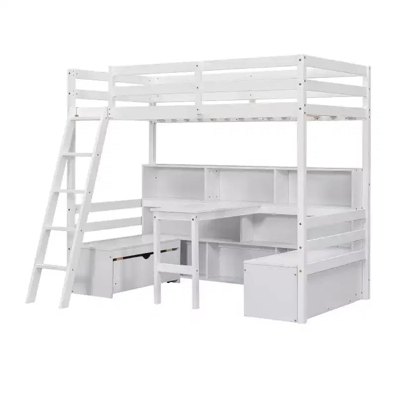 Letto a soppalco da 79,53" (misura Twin) con scrivania, mensole, sedute e cassetti per camera da letto, camera dei bambini