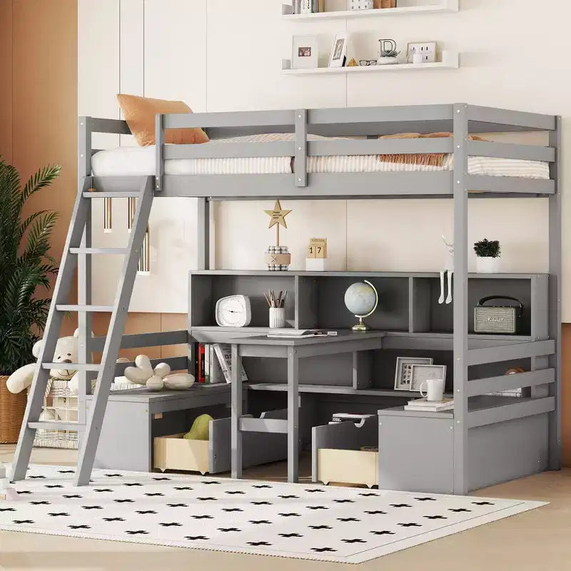 Letto a soppalco da 79,53" (misura Twin) con scrivania, mensole, sedute e cassetti per camera da letto, camera dei bambini