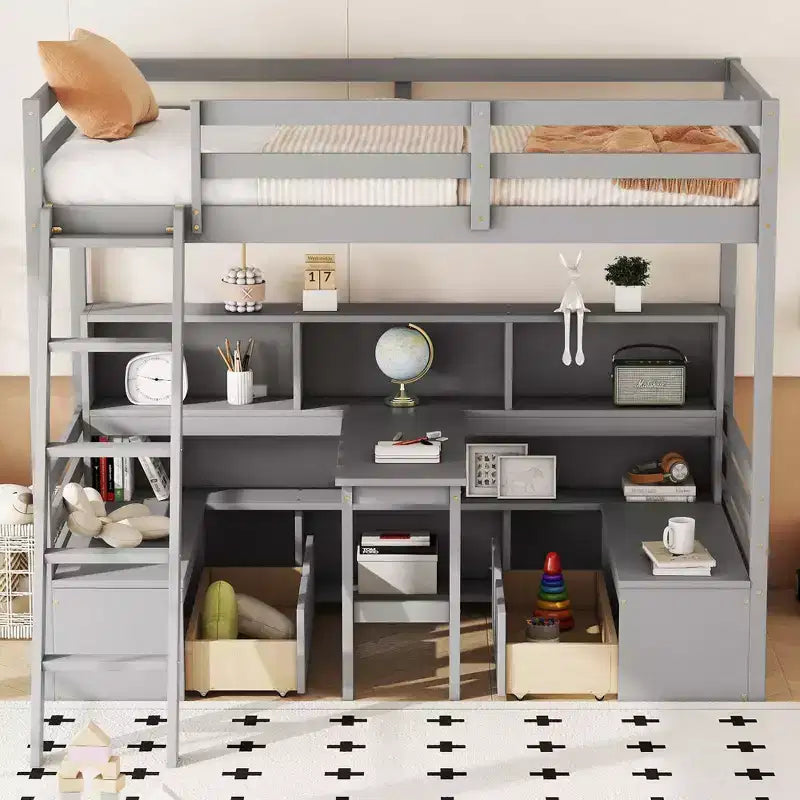 Letto a soppalco da 79,53" (misura Twin) con scrivania, mensole, sedute e cassetti per camera da letto, camera dei bambini