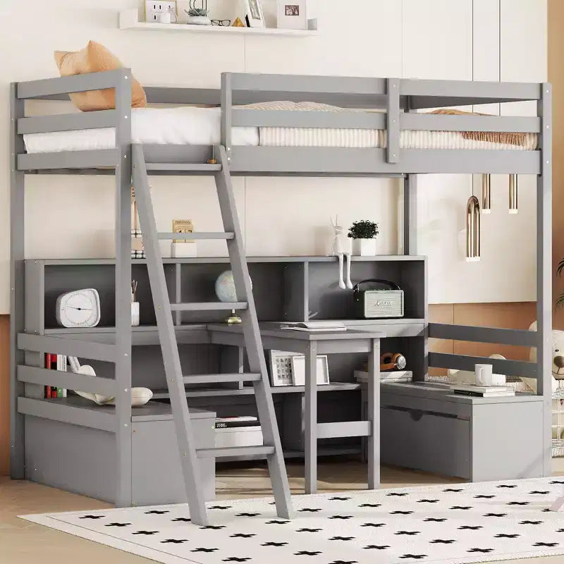 Letto a soppalco da 79,53" (misura Twin) con scrivania, mensole, sedute e cassetti per camera da letto, camera dei bambini