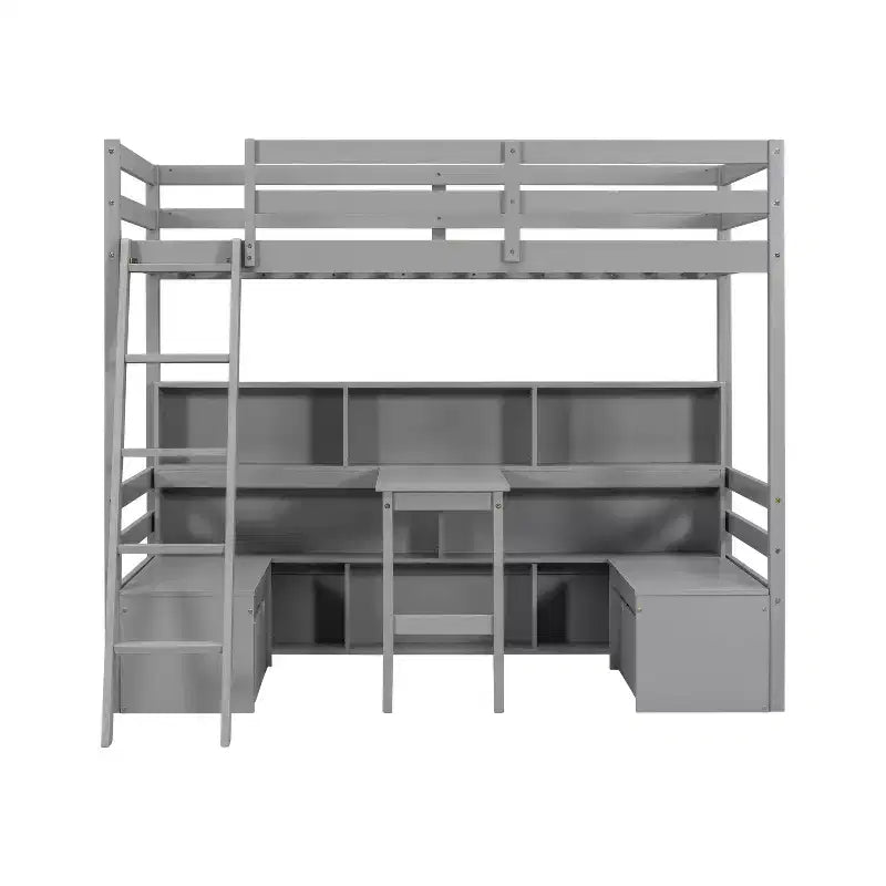 Letto a soppalco da 79,53" (misura Twin) con scrivania, mensole, sedute e cassetti per camera da letto, camera dei bambini