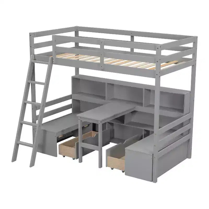 Letto a soppalco da 79,53" (misura Twin) con scrivania, mensole, sedute e cassetti per camera da letto, camera dei bambini