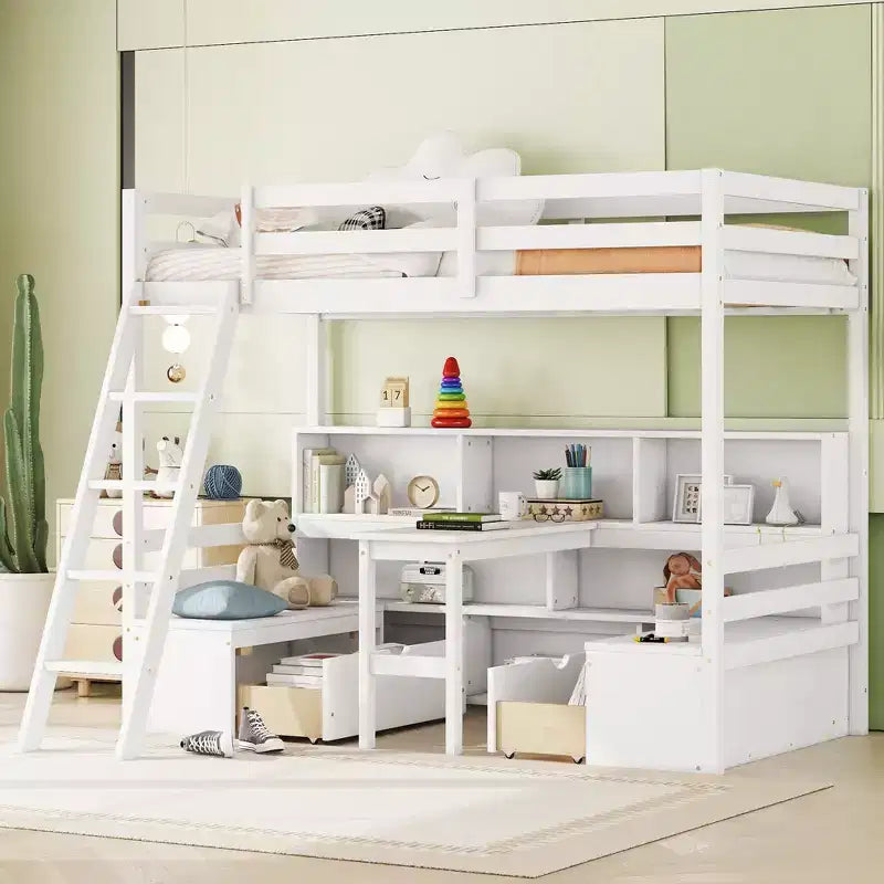 Letto a soppalco da 79,53" (misura Twin) con scrivania, mensole, sedute e cassetti per camera da letto, camera dei bambini