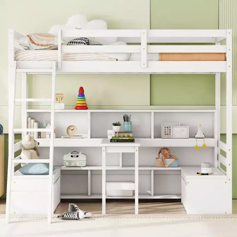 Letto a soppalco da 79,53" (misura Twin) con scrivania, mensole, sedute e cassetti per camera da letto, camera dei bambini