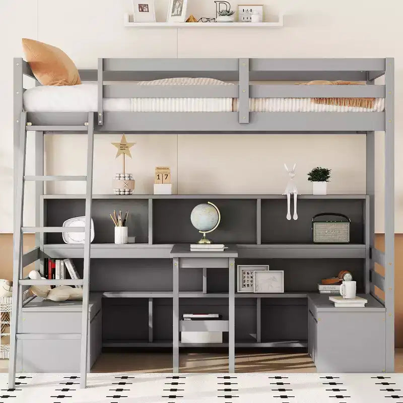 Letto a soppalco da 79,53" (misura Twin) con scrivania, mensole, sedute e cassetti per camera da letto, camera dei bambini