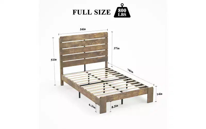 Struttura Letto a Piattaforma Full Size, Resistente, con Testiera e Pediera in Legno, Silenziosa, Nessuna Rete a Molle Necessaria, Marrone