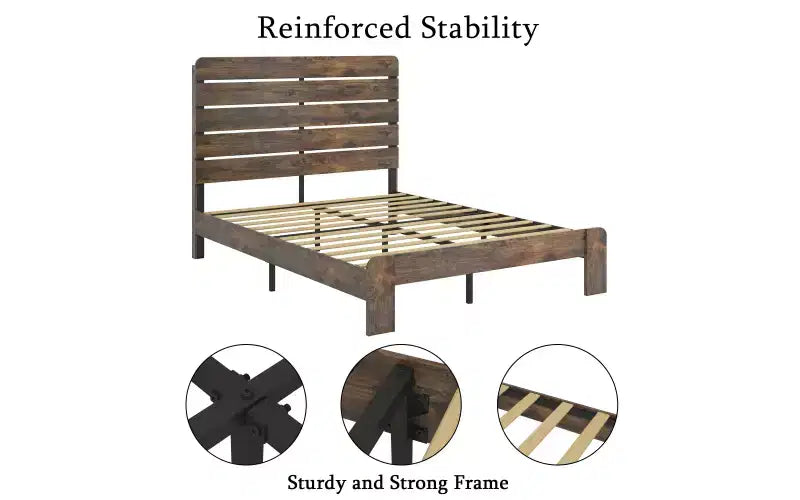 Struttura Letto a Piattaforma Full Size, Resistente, con Testiera e Pediera in Legno, Silenziosa, Nessuna Rete a Molle Necessaria, Marrone