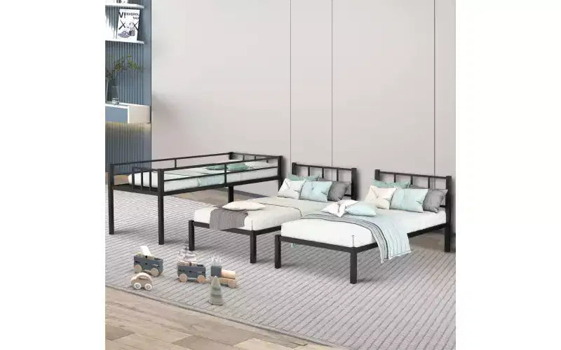 Letto a castello triplo in metallo una piazza e mezza e due piazze e mezza, convertibile in 3 letti, con ringhiera di sicurezza e scaletta, senza bisogno di materasso a molle, nero