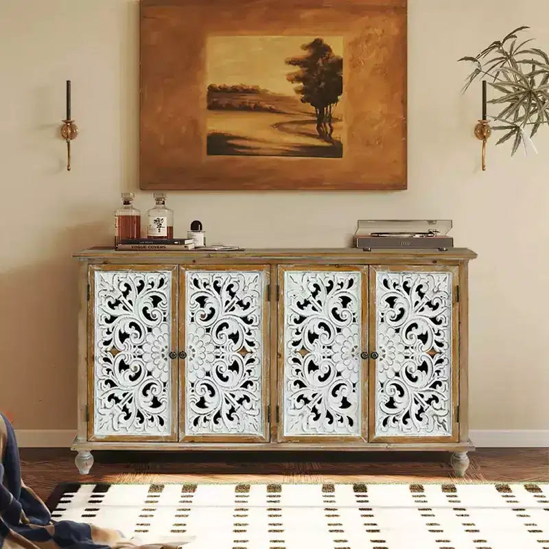 60 Vintage Sideboard Buffet Cabinet with Storage, 4 Doors Hollow Carved Accent Cabinet French Farmhouse Cupboard for Kitchen Living Room Dining Room