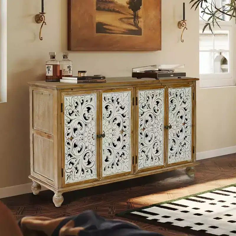 Credenza Vintage con Ante, 4 Ante Intagliate con Spazio Contenitore, Mobile Contenitore con Accenti Francesi per Cucina Soggiorno Sala da Pranzo