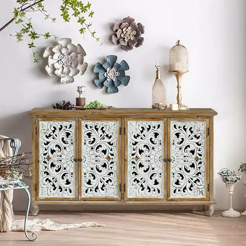 Credenza Vintage con Ante, 4 Ante Intagliate con Spazio Contenitore, Mobile Contenitore con Accenti Francesi per Cucina Soggiorno Sala da Pranzo