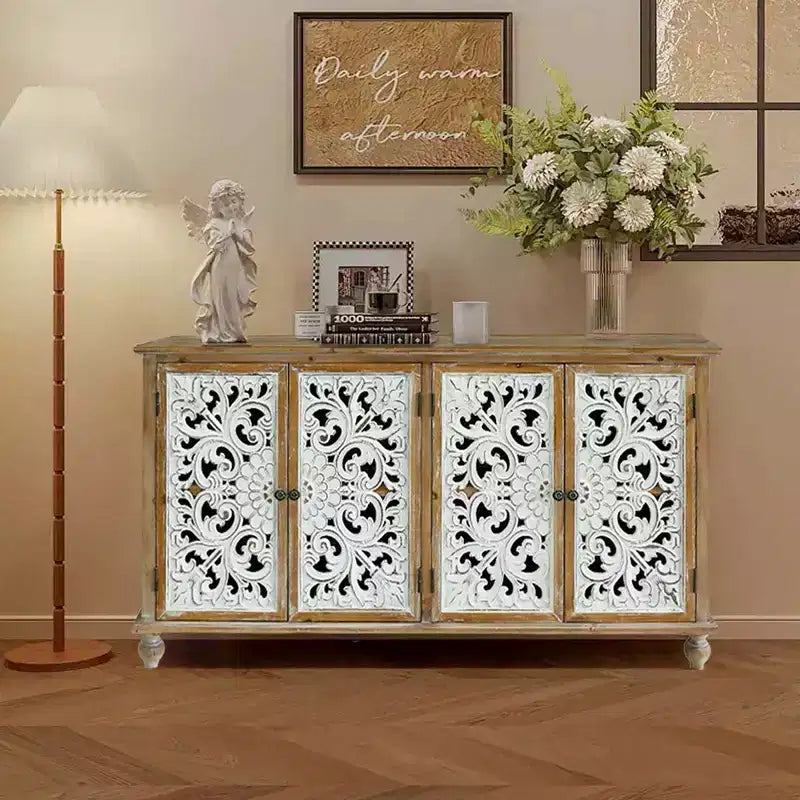 Credenza Vintage con Ante, 4 Ante Intagliate con Spazio Contenitore, Mobile Contenitore con Accenti Francesi per Cucina Soggiorno Sala da Pranzo