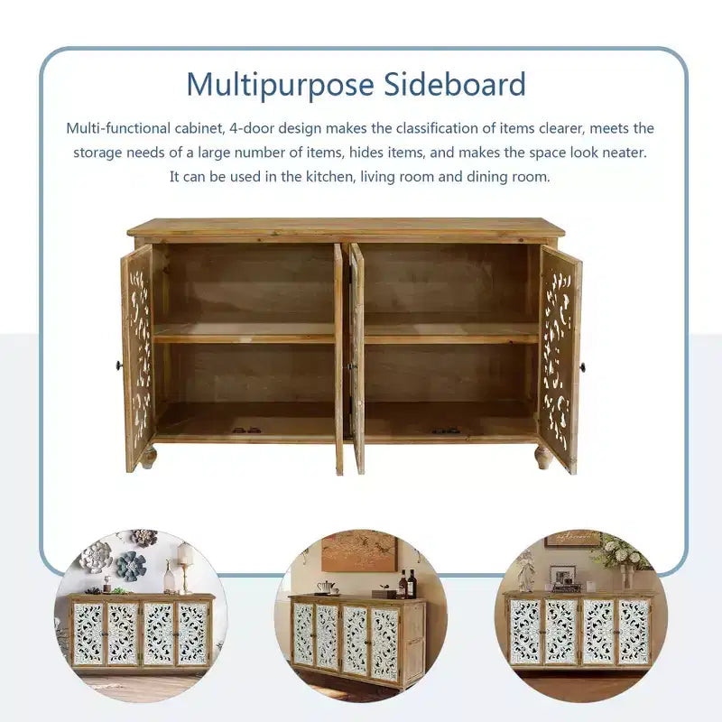 Credenza Vintage con Ante, 4 Ante Intagliate con Spazio Contenitore, Mobile Contenitore con Accenti Francesi per Cucina Soggiorno Sala da Pranzo