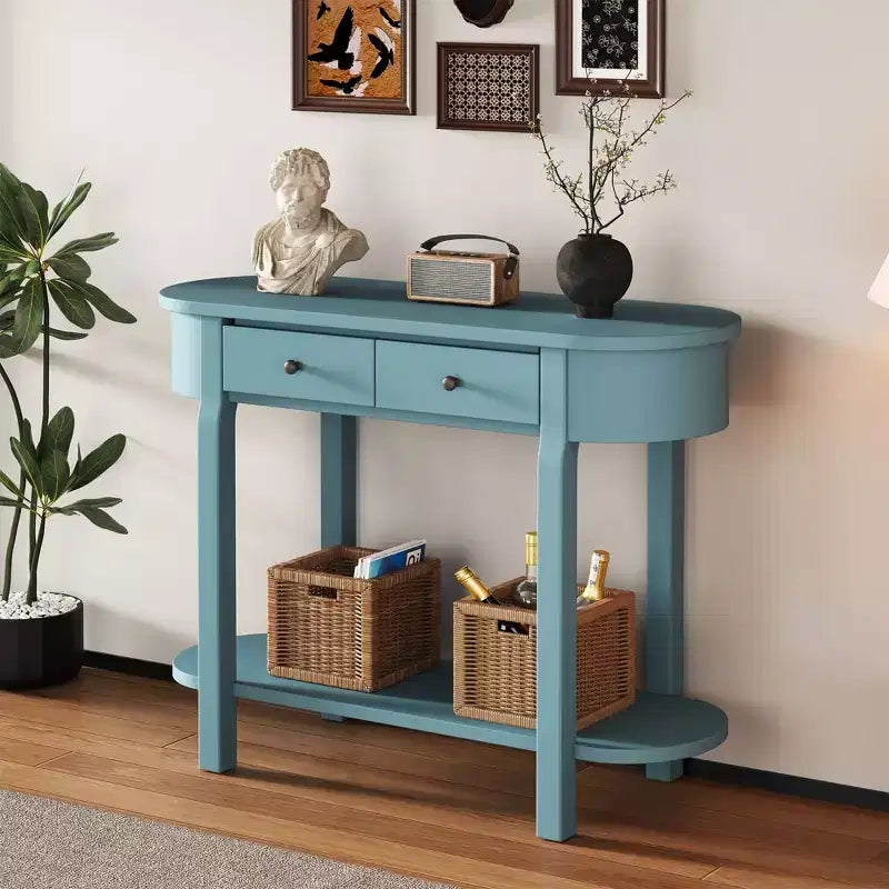 Elegante console con finitura liscia, tavolino d'ingresso dal design curvo con 2 cassetti, tavolino d'appoggio per soggiorno, corridoio