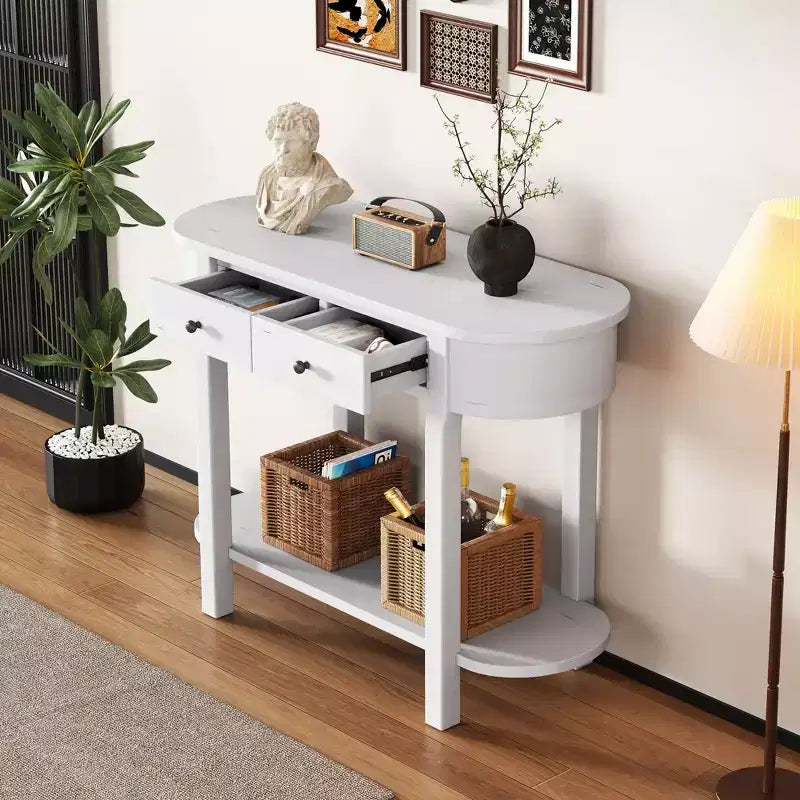 Elegante console con finitura liscia, tavolino d'ingresso dal design curvo con 2 cassetti, tavolino d'appoggio per soggiorno, corridoio