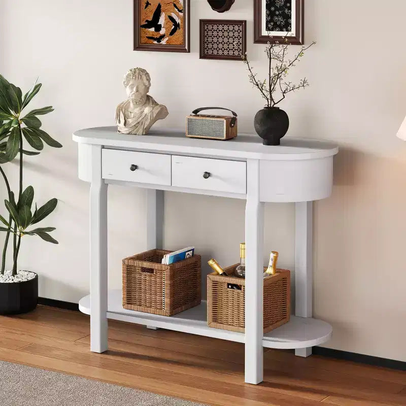 Elegante console con finitura liscia, tavolino d'ingresso dal design curvo con 2 cassetti, tavolino d'appoggio per soggiorno, corridoio